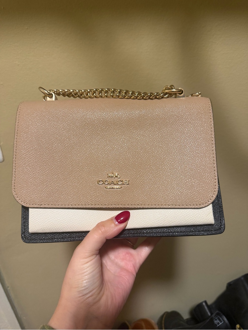 Coach Colorblock Leather Crossbody in Taupe, Ivory & Black with Gold Chain